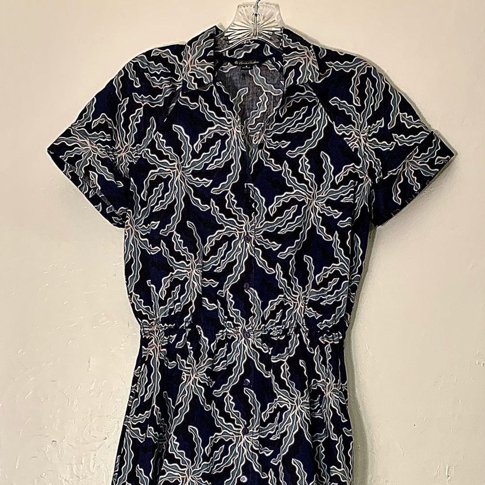 Navy Blue button up A-line dress with light blue, gold & white vines.